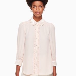 Kate Spade Pink Velvet Trim Pearl Button Shirt
